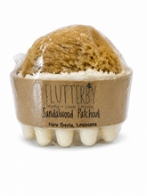 Load image into Gallery viewer, Flutterby Sandalwood Patchouli Massage Bar Sea Sponge Soap