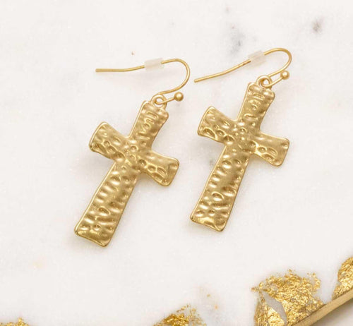Royal Standard Hammered Cross Earrings Matte Gold