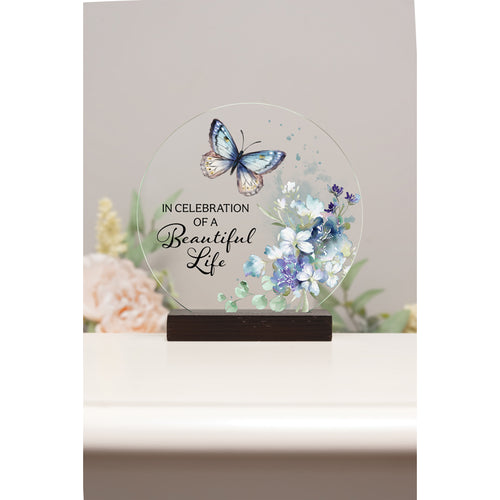 Blue Butterfly In Celebration Glass Plaque